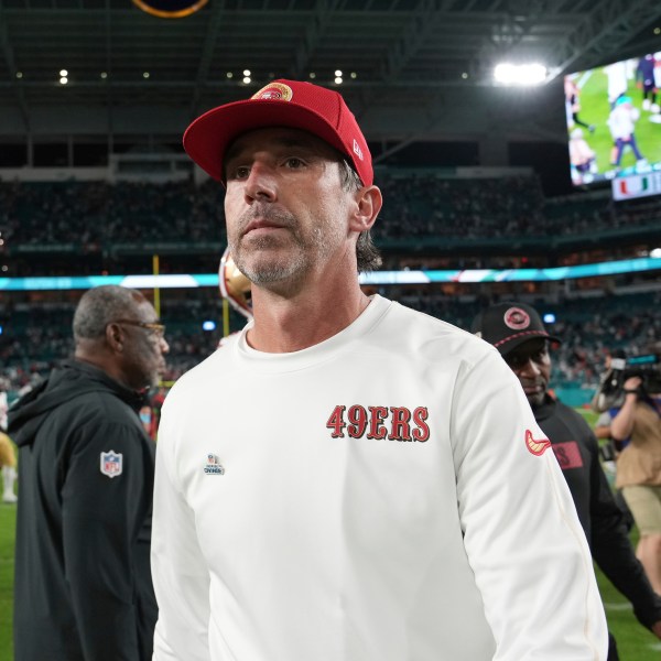 San Francisco 49ers head coach Kyle Shanahan leaves the field at the end of an NFL football game against the Miami Dolphins, Sunday, Dec. 22, 2024, in Miami Gardens, Fla. (AP Photo/Lynne Sladky)