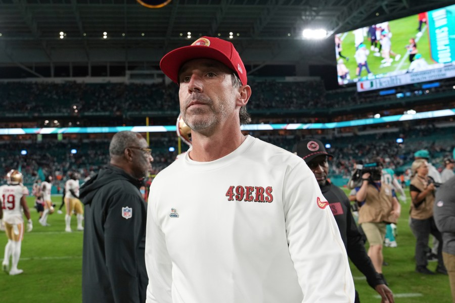 San Francisco 49ers head coach Kyle Shanahan leaves the field at the end of an NFL football game against the Miami Dolphins, Sunday, Dec. 22, 2024, in Miami Gardens, Fla. (AP Photo/Lynne Sladky)