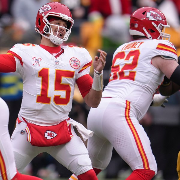 Kansas City Chiefs quarterback Patrick Mahomes (15) passes against the Pittsburgh Steelers during the first half of an NFL football game, Wednesday, Dec. 25, 2024, in Pittsburgh. (AP Photo/Gene J. Puskar)