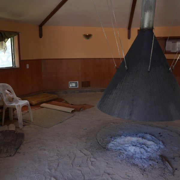 A structure used for Native American Church ceremony on the property of the late Amada Cardenas, in Mirando City, Texas, Monday, March 25, 2024. (AP Photo/Jessie Wardarski)