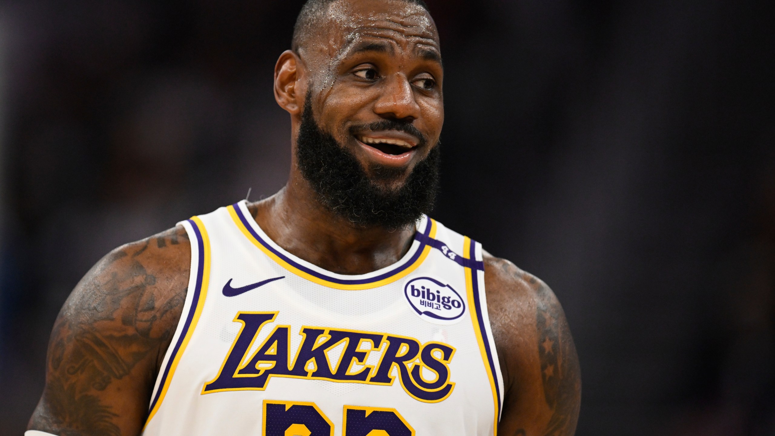 Los Angeles Lakers forward LeBron James (23) looks on during the first half of an NBA basketball game against the Golden State Warriors, Wednesday, Dec. 25, 2024, in San Francisco. (AP Photo/Eakin Howard)