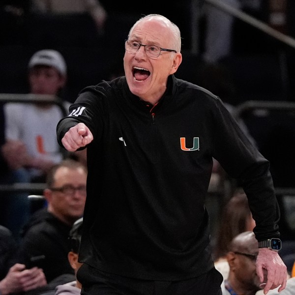 Miami head coach Jim Larranaga yells from the sideline during the first half of an NCAA college basketball game against Tennessee, Tuesday, Dec. 10, 2024, in New York. (AP Photo/Julia Demaree Nikhinson)