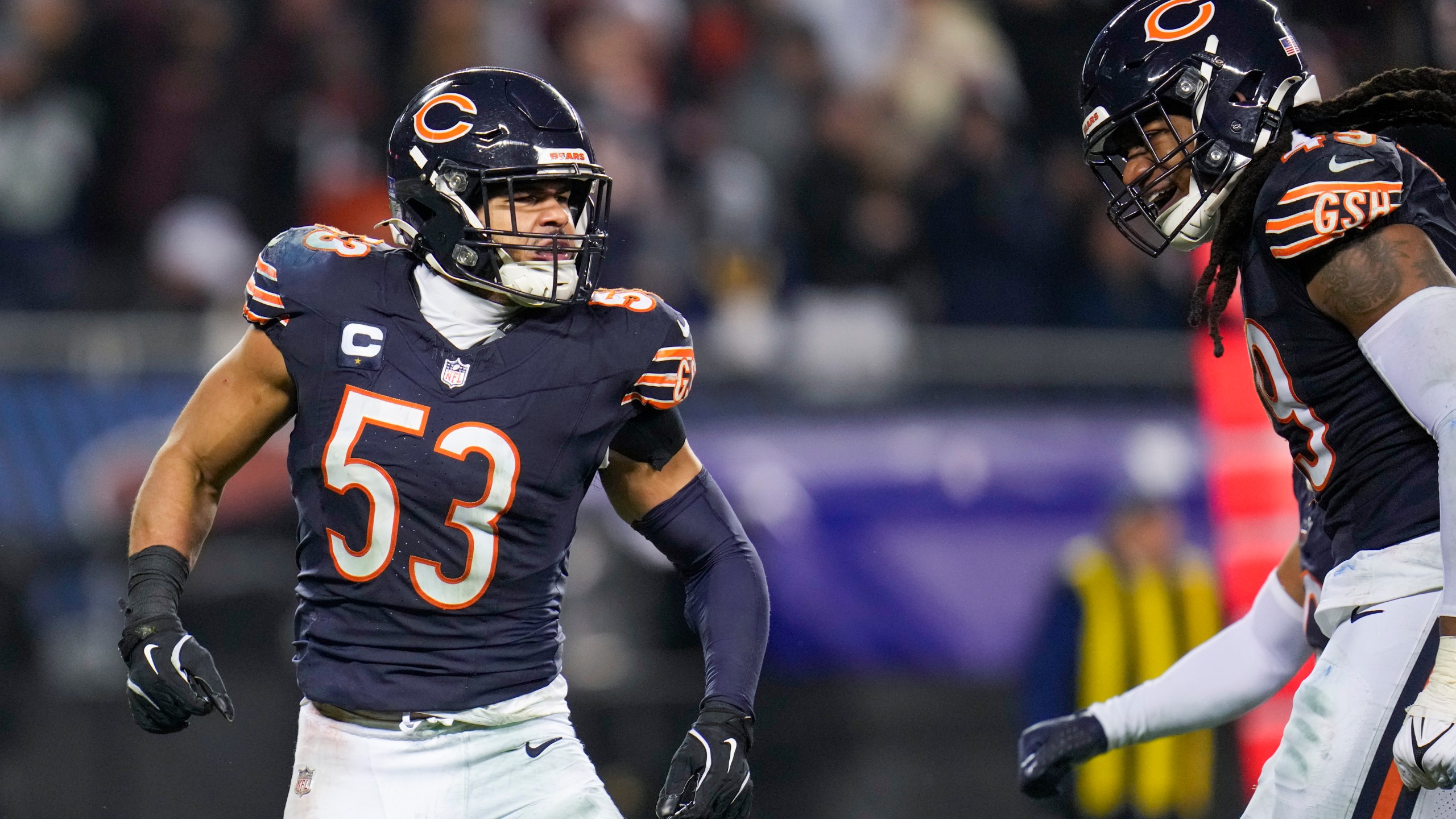 Chicago Bears linebackers T.J. Edwards (53) and Tremaine Edmunds (49) react after a play against the Seattle Seahawks during the second half of an NFL football game, Thursday, Dec. 26, 2024, in Chicago. (AP Photo/Erin Hooley)