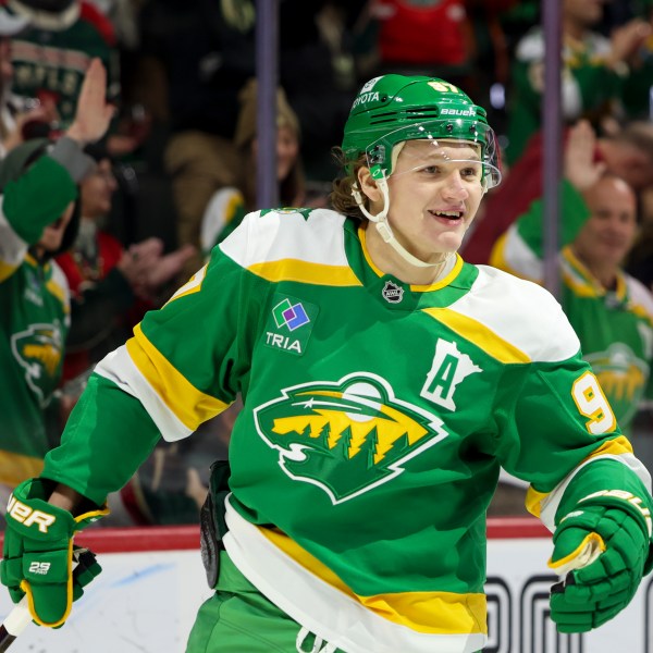 Minnesota Wild left wing Kirill Kaprizov (97) celebrates after scoring a goal during the first period of an NHL hockey game against the Chicago Blackhawks, Monday, Dec. 23, 2024, in St. Paul, Minn. (AP Photo/Ellen Schmidt)