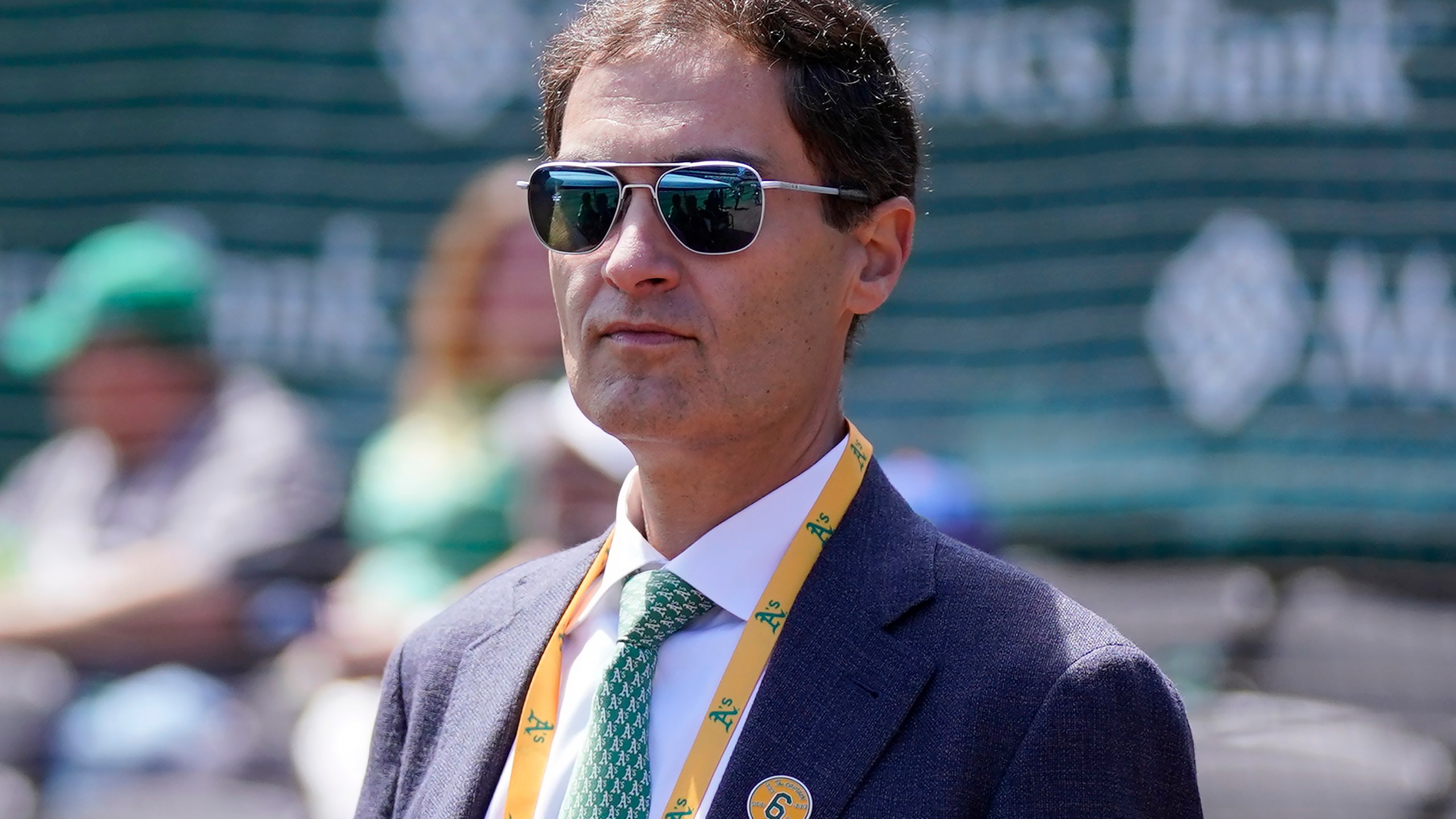 FILE - Oakland Athletics President Dave Kaval before a baseball game between the Athletics and the New York Mets in Oakland, Calif., Sunday, April 16, 2023. (AP Photo/Jeff Chiu, File)