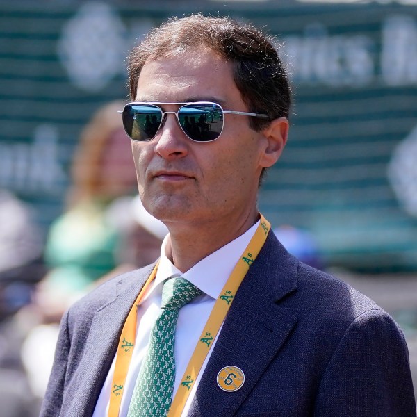 FILE - Oakland Athletics President Dave Kaval before a baseball game between the Athletics and the New York Mets in Oakland, Calif., Sunday, April 16, 2023. (AP Photo/Jeff Chiu, File)