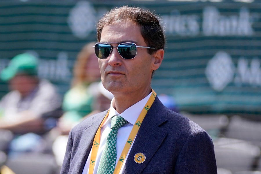 FILE - Oakland Athletics President Dave Kaval before a baseball game between the Athletics and the New York Mets in Oakland, Calif., Sunday, April 16, 2023. (AP Photo/Jeff Chiu, File)