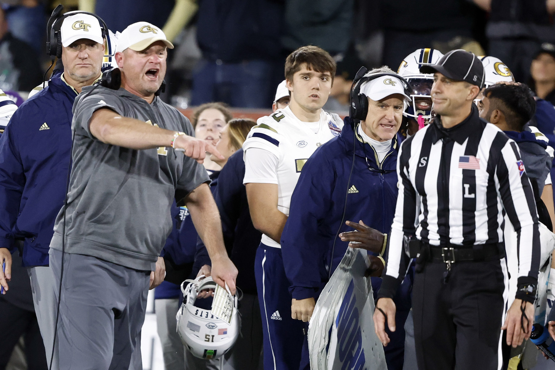 Georgia Tech head coach Brent Key reacts after a penalty was thrown on him during the second half of the Birmingham Bowl NCAA college football game against Vanderbilt, Friday, Dec. 27, 2024, in Birmingham, Ala. (AP Photo/Butch Dill)