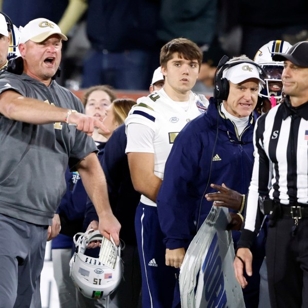 Georgia Tech head coach Brent Key reacts after a penalty was thrown on him during the second half of the Birmingham Bowl NCAA college football game against Vanderbilt, Friday, Dec. 27, 2024, in Birmingham, Ala. (AP Photo/Butch Dill)