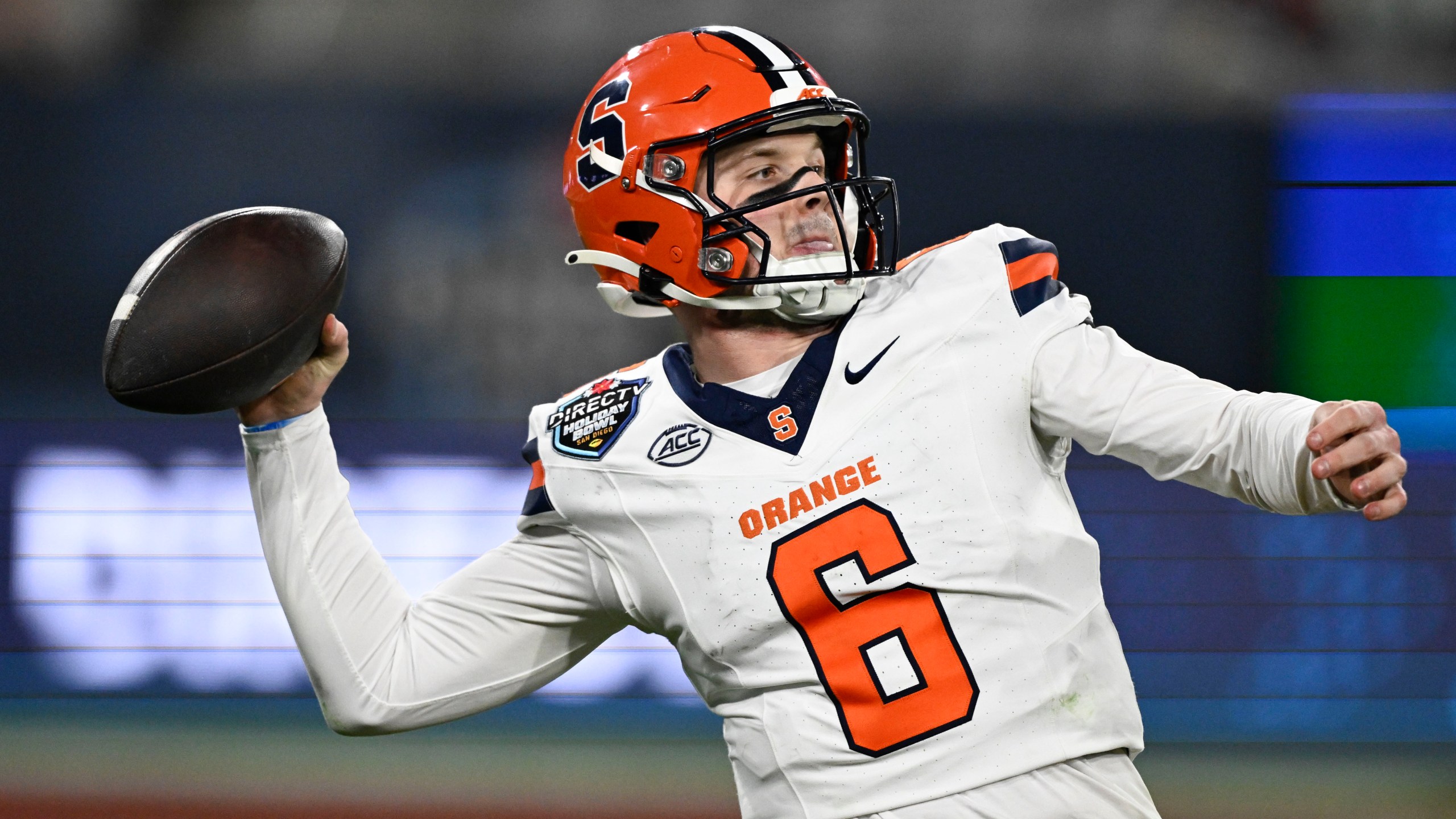 Syracuse quarterback Kyle McCord (6) passes during the second half of the Holiday Bowl NCAA college football game against Washington State Friday, Dec. 27, 2024, in San Diego. (AP Photo/Denis Poroy)