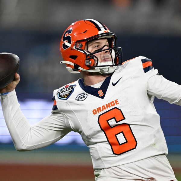 Syracuse quarterback Kyle McCord (6) passes during the second half of the Holiday Bowl NCAA college football game against Washington State Friday, Dec. 27, 2024, in San Diego. (AP Photo/Denis Poroy)