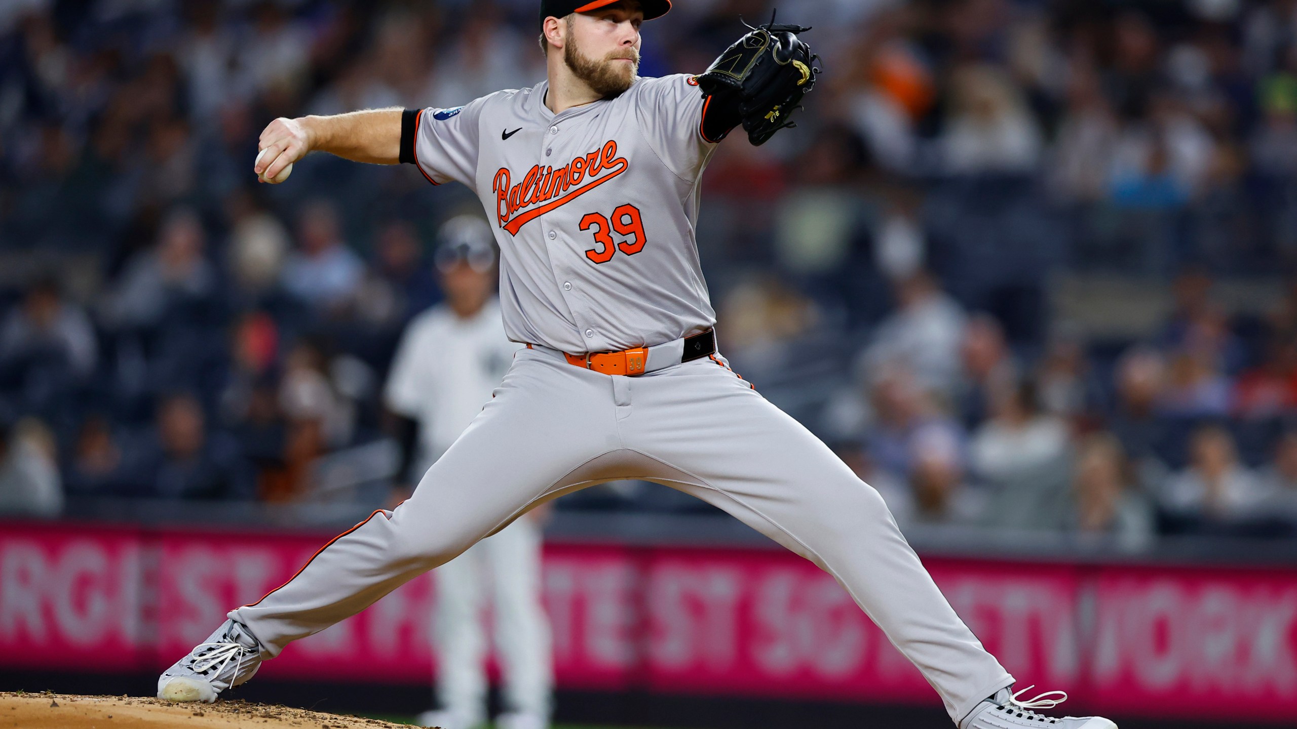 FILE - Baltimore Orioles' Corbin Burnes pitches during the first inning of a baseball game against New York Yankees, Thursday, Sept. 26, 2024, in New York. (AP Photo/Noah K. Murray, File)