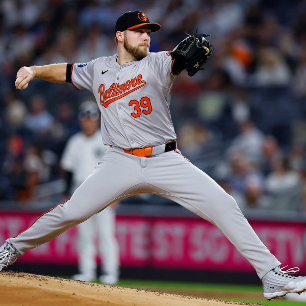 FILE - Baltimore Orioles' Corbin Burnes pitches during the first inning of a baseball game against New York Yankees, Thursday, Sept. 26, 2024, in New York. (AP Photo/Noah K. Murray, File)