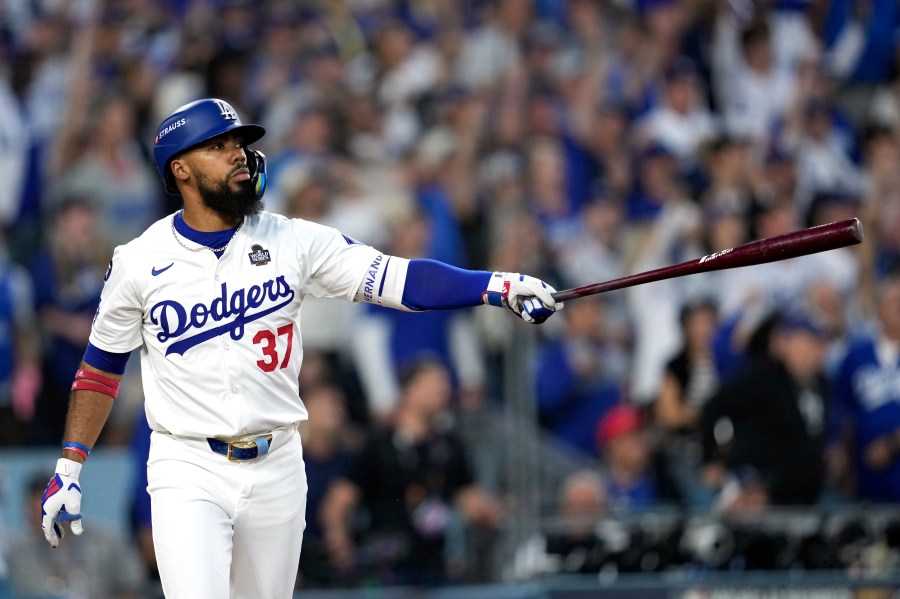 FILE - Los Angeles Dodgers' Teoscar Hernández watches his two-run home run against the New York Yankees during the third inning in Game 2 of the baseball World Series, Saturday, Oct. 26, 2024, in Los Angeles. (AP Photo/Godofredo A. Vásquez, File)