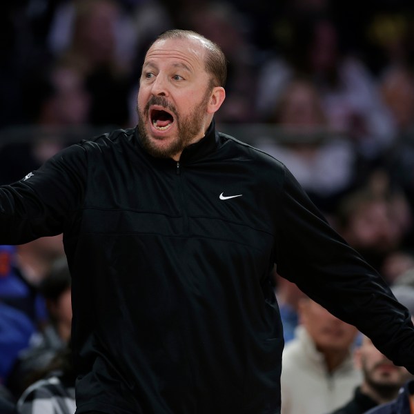 New York Knicks head coach Tom Thibodeau reacts during the second half of an NBA basketball game against the Toronto Raptors, Monday, Dec. 23, 2024, in New York. The Knicks won 139-125. (AP Photo/Adam Hunger)