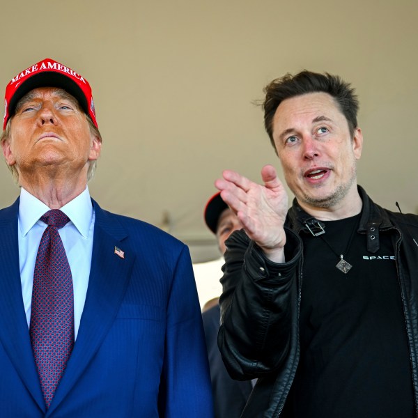 FILE - President-elect Donald Trump listens to Elon Musk as he arrives to watch SpaceX's mega rocket Starship lift off for a test flight from Starbase in Boca Chica, Texas, Nov. 19, 2024. (Brandon Bell/Pool via AP, File)