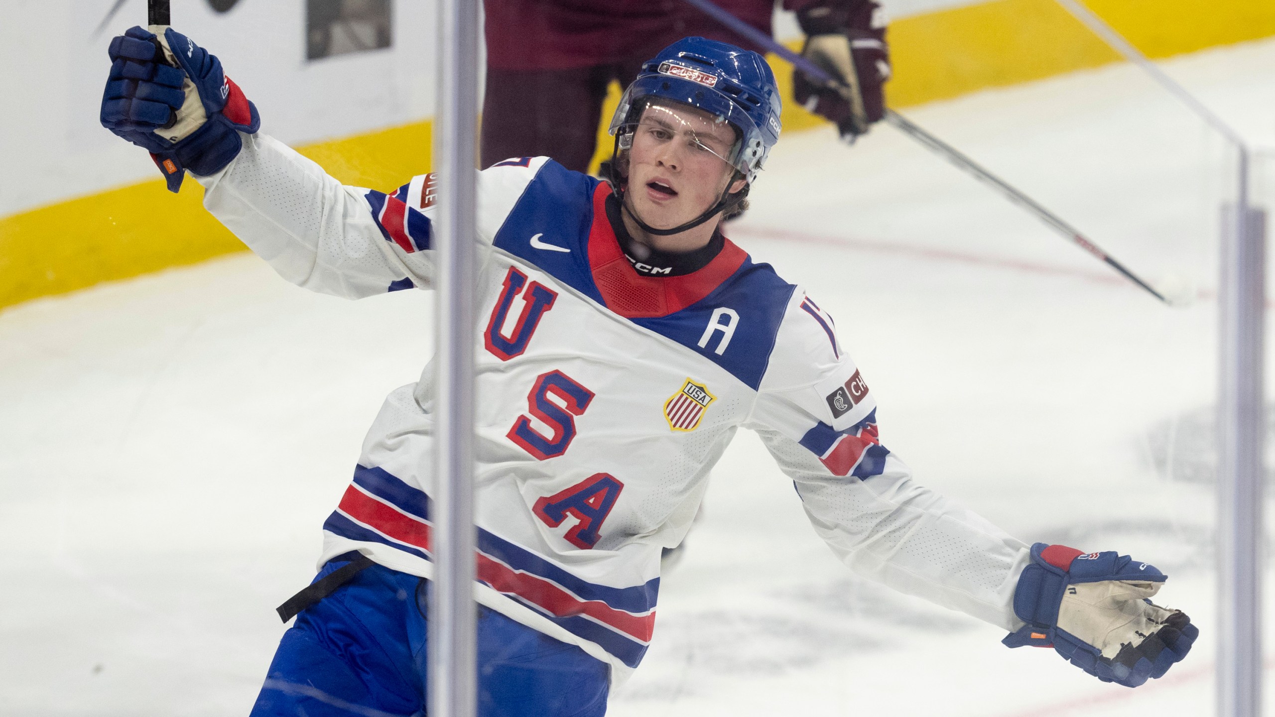 United States forward Danny Nelson celebrates his goal against Latvia during the second period of a IIHF World Junior Hockey Championship tournament game, Saturday, Dec.28, 2024 in Ottawa, Ontario. (Adrian Wyld/The Canadian Press via AP)