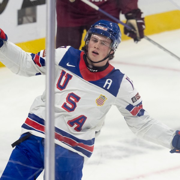 United States forward Danny Nelson celebrates his goal against Latvia during the second period of a IIHF World Junior Hockey Championship tournament game, Saturday, Dec.28, 2024 in Ottawa, Ontario. (Adrian Wyld/The Canadian Press via AP)