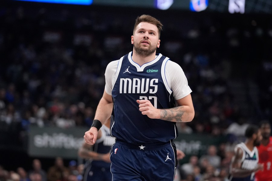 Dallas Mavericks guard Luka Doncic runs during the first half of an NBA basketball game against the Portland Trail Blazers, Monday, Dec. 23, 2024, in Dallas. (AP Photo/LM Otero)