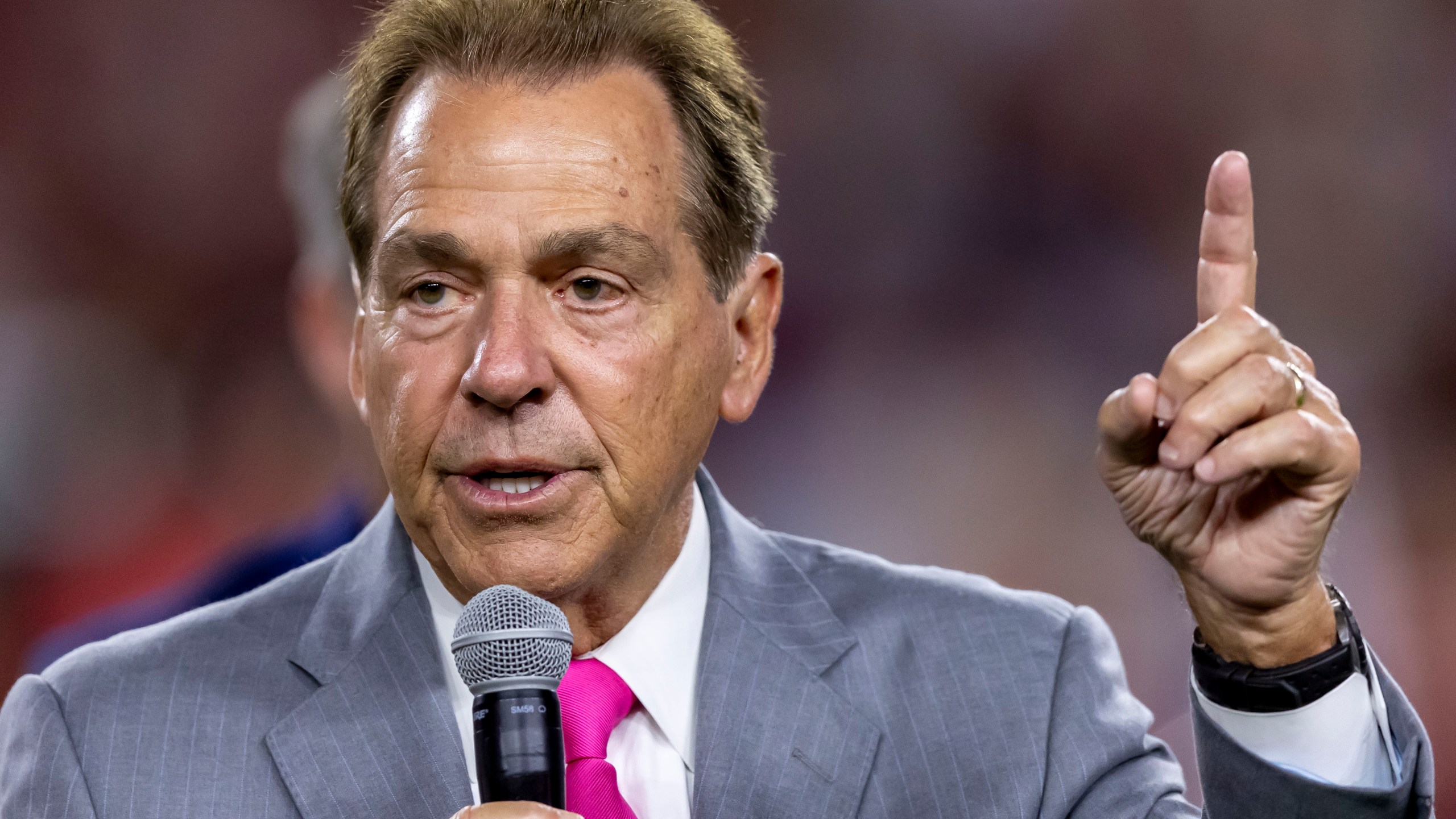 FILE - Former Alabama head football coach Nick Saban thanks the crowd during a stadium renaming ceremony at halftime of an NCAA college football game between South Florida and Alabama, Saturday, Sept. 7, 2024, in Tuscaloosa, Ala. (AP Photo/Vasha Hunt, File)