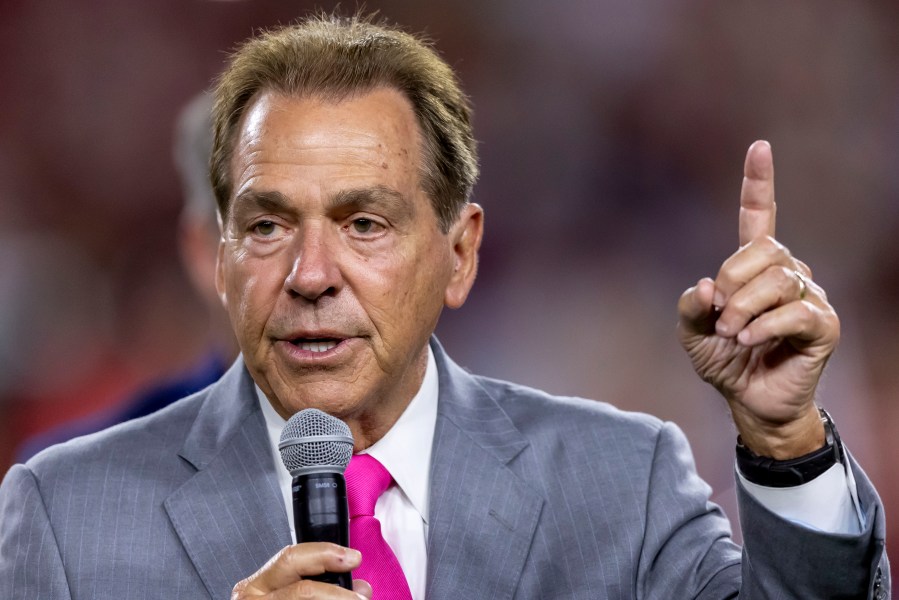 FILE - Former Alabama head football coach Nick Saban thanks the crowd during a stadium renaming ceremony at halftime of an NCAA college football game between South Florida and Alabama, Saturday, Sept. 7, 2024, in Tuscaloosa, Ala. (AP Photo/Vasha Hunt, File)