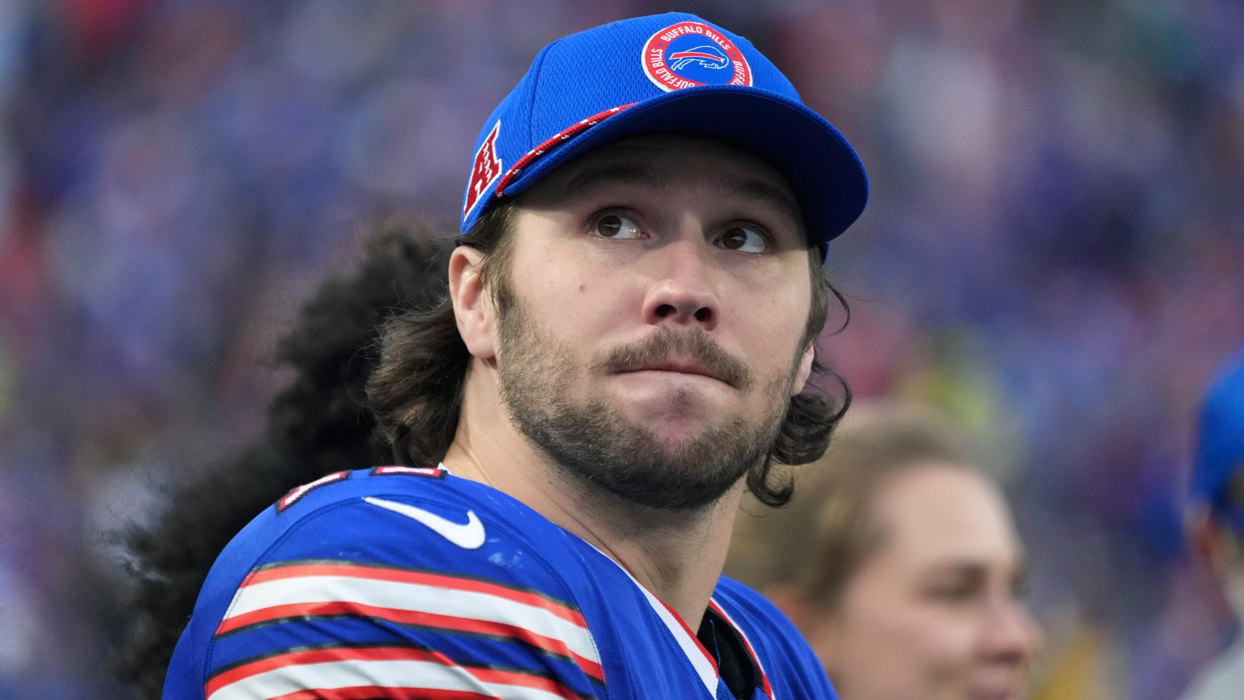 Buffalo Bills quarterback Josh Allen (17) stands on the sidelines during the second half of an NFL football game against the New York Jets, Sunday, Dec. 29, 2024, in Orchard Park, N.Y. (AP Photo/Gene J. Puskar)