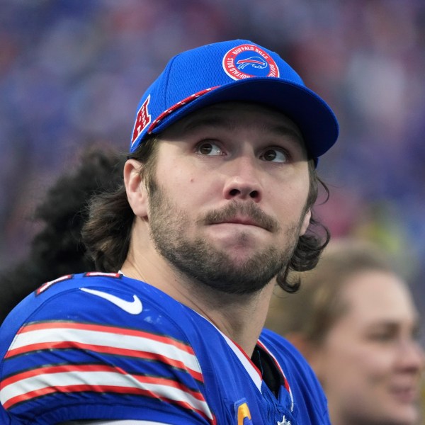 Buffalo Bills quarterback Josh Allen (17) stands on the sidelines during the second half of an NFL football game against the New York Jets, Sunday, Dec. 29, 2024, in Orchard Park, N.Y. (AP Photo/Gene J. Puskar)