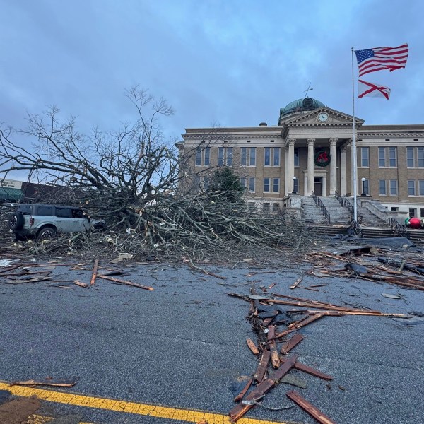 Damage from a storm through that rolled through the night before is seen at the heart of downtown on Sunday, Dec. 29, 2024, in Athens, Ala. (AP Photo/Lance George)