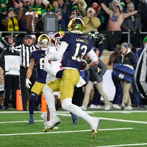 Notre Dame quarterback Riley Leonard (13) runs for a one-yard touchdown against Indiana for a during the second half in the first round of the College Football Playoff, Friday, Dec. 20, 2024, in South Bend, Ind. (AP Photo/Darron Cummings)