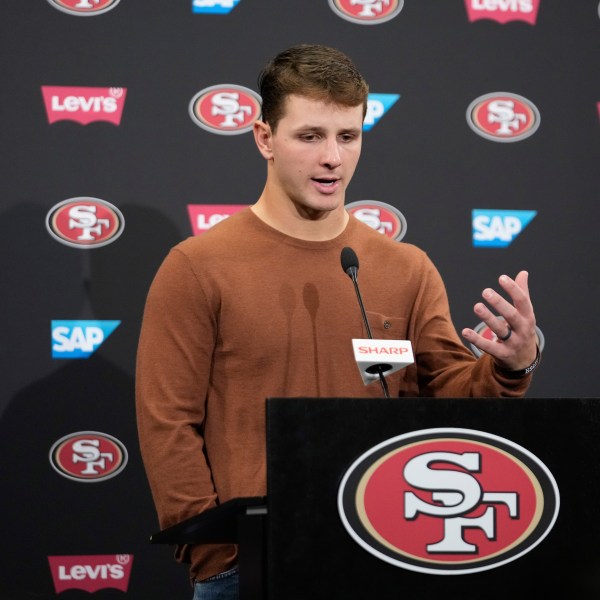 San Francisco 49ers quarterback Brock Purdy answers questions after an NFL football game against the Detroit Lions Monday, Dec. 30, 2024, in Santa Clara, Calif. (AP Photo/Godofredo A. Vásquez)