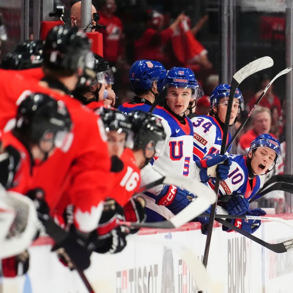 United States' Carey Terrance (10) shout to the Canada bench during third-period IIHF World Junior Hockey Championship tournament game action in Ottawa, Ontario, Tuesday, Dec. 31, 2024. (Sean Kilpatrick/The Canadian Press via AP)