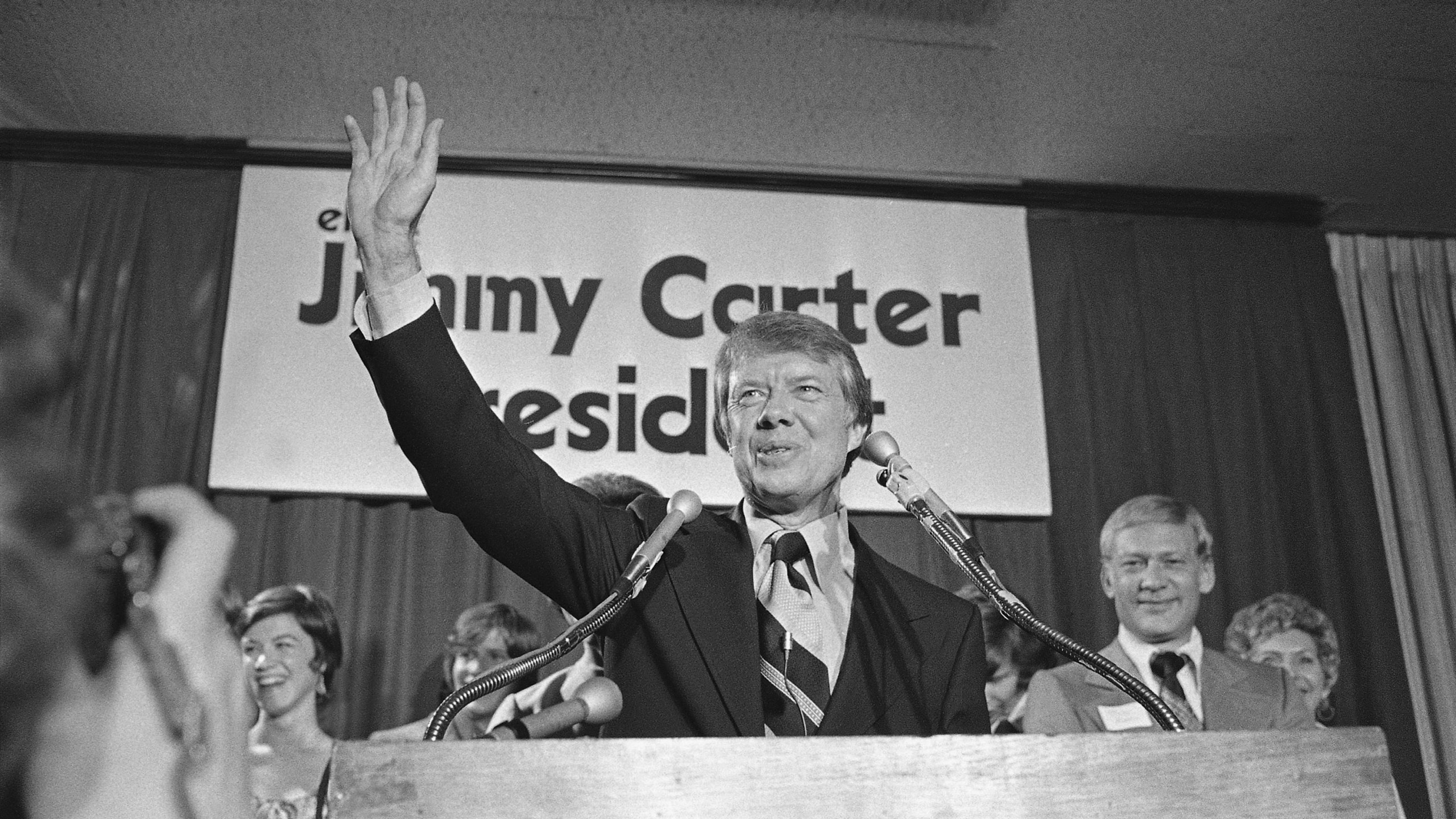 FILE - Georgia Democratic Gov. Jimmy Carter officially announces his candidacy for president in Atlanta on Dec. 12, 1974. (AP Photo/BJ, File)