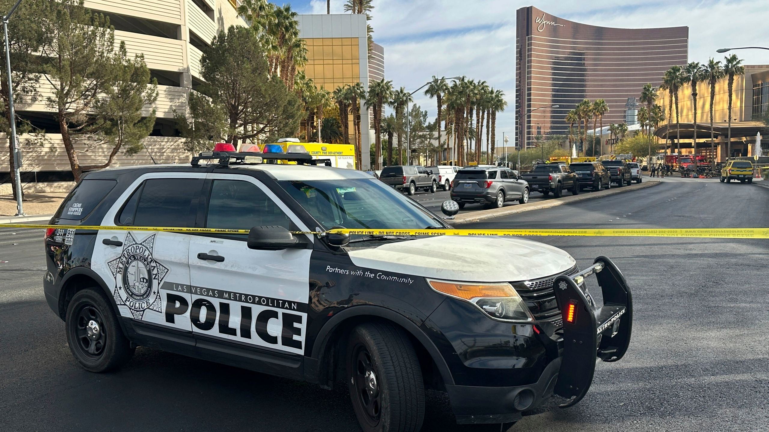 Police block the area after a vehicle caught fire and exploded outside the lobby of President-elect Donald Trump's hotel Wednesday, Jan. 1, 2025. (AP Photo/Ty ONeil)