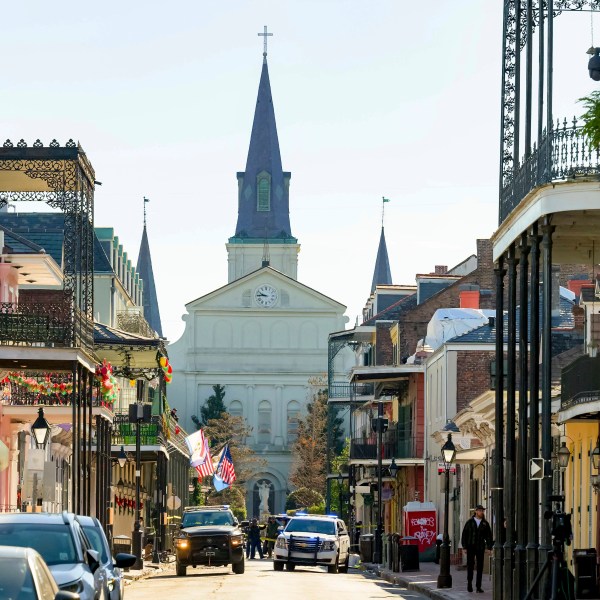 The St. Louis Cathedral is seen on Orleans St is seen in the French Quarter where a suspicious package was detonated after a person drove a truck into a crowd earlier on Bourbon Street on Wednesday, Jan. 1, 2025. (AP Photo/Matthew Hinton)