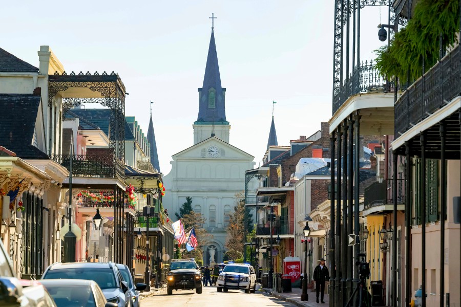 The St. Louis Cathedral is seen on Orleans St is seen in the French Quarter where a suspicious package was detonated after a person drove a truck into a crowd earlier on Bourbon Street on Wednesday, Jan. 1, 2025. (AP Photo/Matthew Hinton)