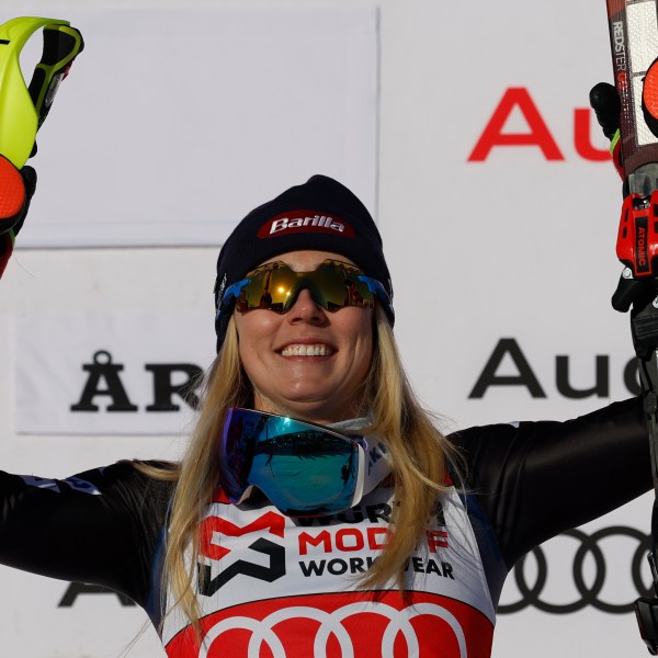 FILE - United States' Mikaela Shiffrin celebrates after winning a women's World Cup slalom skiing event in Are, Sweden, Sunday, March 10, 2024. (AP Photo/Alessandro Trovati, File)