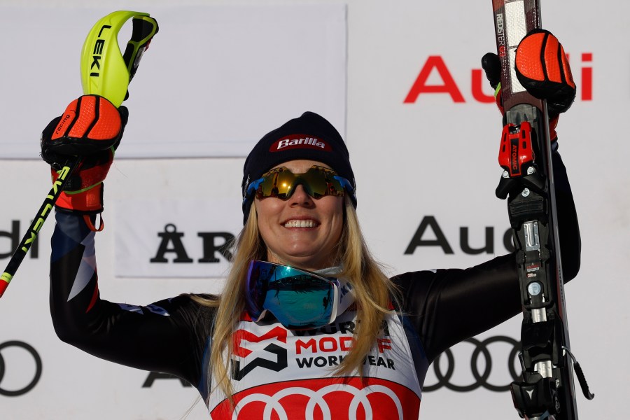 FILE - United States' Mikaela Shiffrin celebrates after winning a women's World Cup slalom skiing event in Are, Sweden, Sunday, March 10, 2024. (AP Photo/Alessandro Trovati, File)