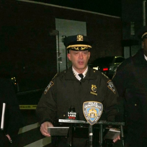 In this grab taken from a video provided by the New York Police Department, Chief of Patrol Philip Rivera, centre, speaks to the media during a press conference in New York, early Thursday, Jan. 2, 2025, the day after a shooting outside a nightclub in Queens. (NYPD via AP)