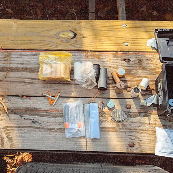 This image provided by U.S. Attorney’s Office, Eastern District of Virginia shows a stockpile of homemade explosives Federal agents seized when they arrested Brad Spafford, a Virginia man on a firearms charge in Dec. 2024. (U.S. Attorney’s Office, Eastern District of Virginia via AP)