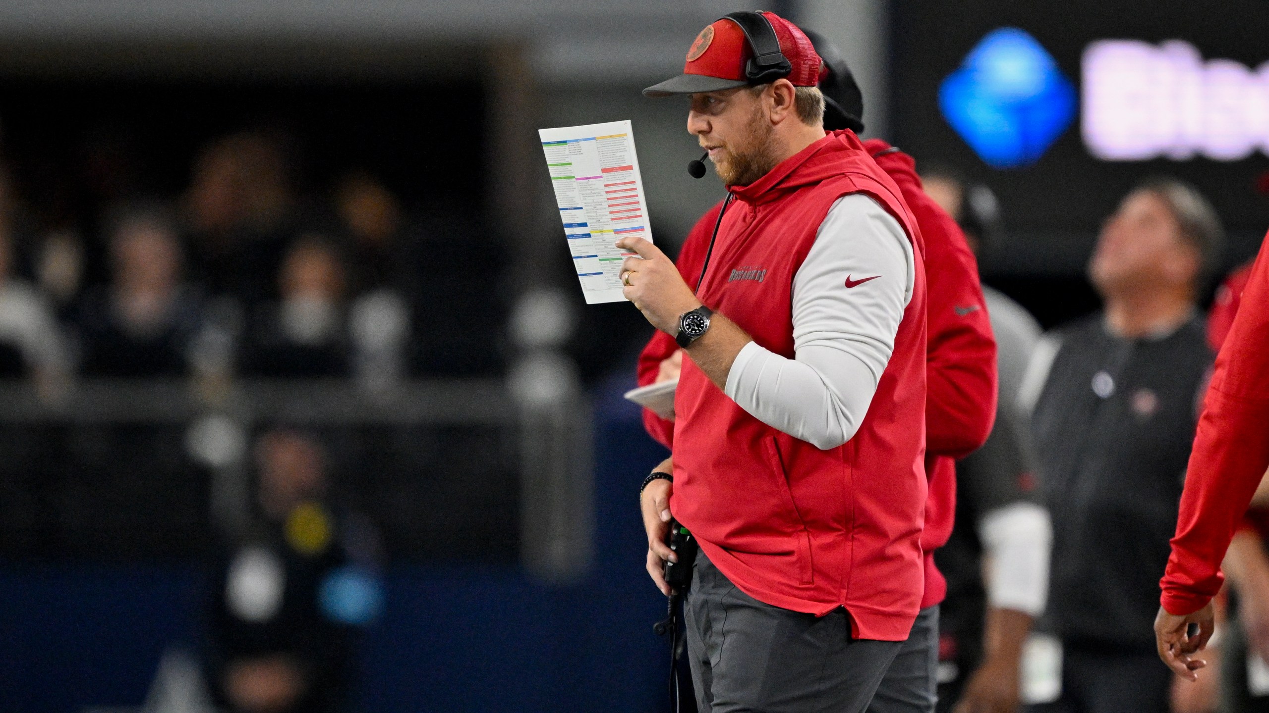 FILE - Tampa Bay Buccaneers offensive coordinator Liam Coen looks on from the sidelines during an NFL football game against the Dallas Cowboys in Arlington, Texas, Dec. 22, 2024. (AP Photo/Jerome Miron, File)