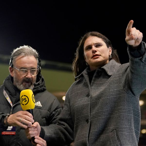 Bristol Bears' Ilona Maher, right, is interviewed at half time during the Champions Cup rugby union match at Ashton Gate, Bristol, England, Sunday Dec. 8, 2024. (Andrew Matthews/PA via AP)