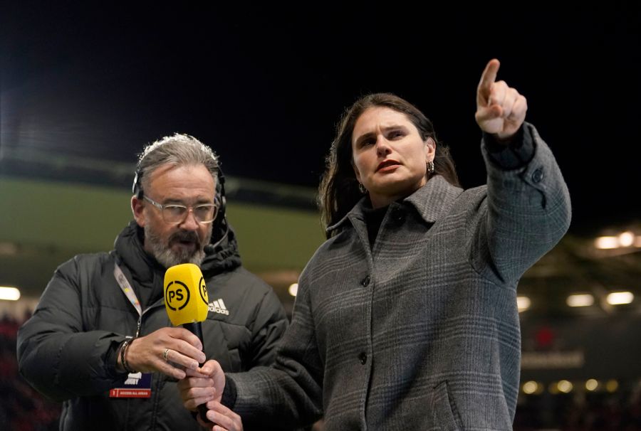 Bristol Bears' Ilona Maher, right, is interviewed at half time during the Champions Cup rugby union match at Ashton Gate, Bristol, England, Sunday Dec. 8, 2024. (Andrew Matthews/PA via AP)