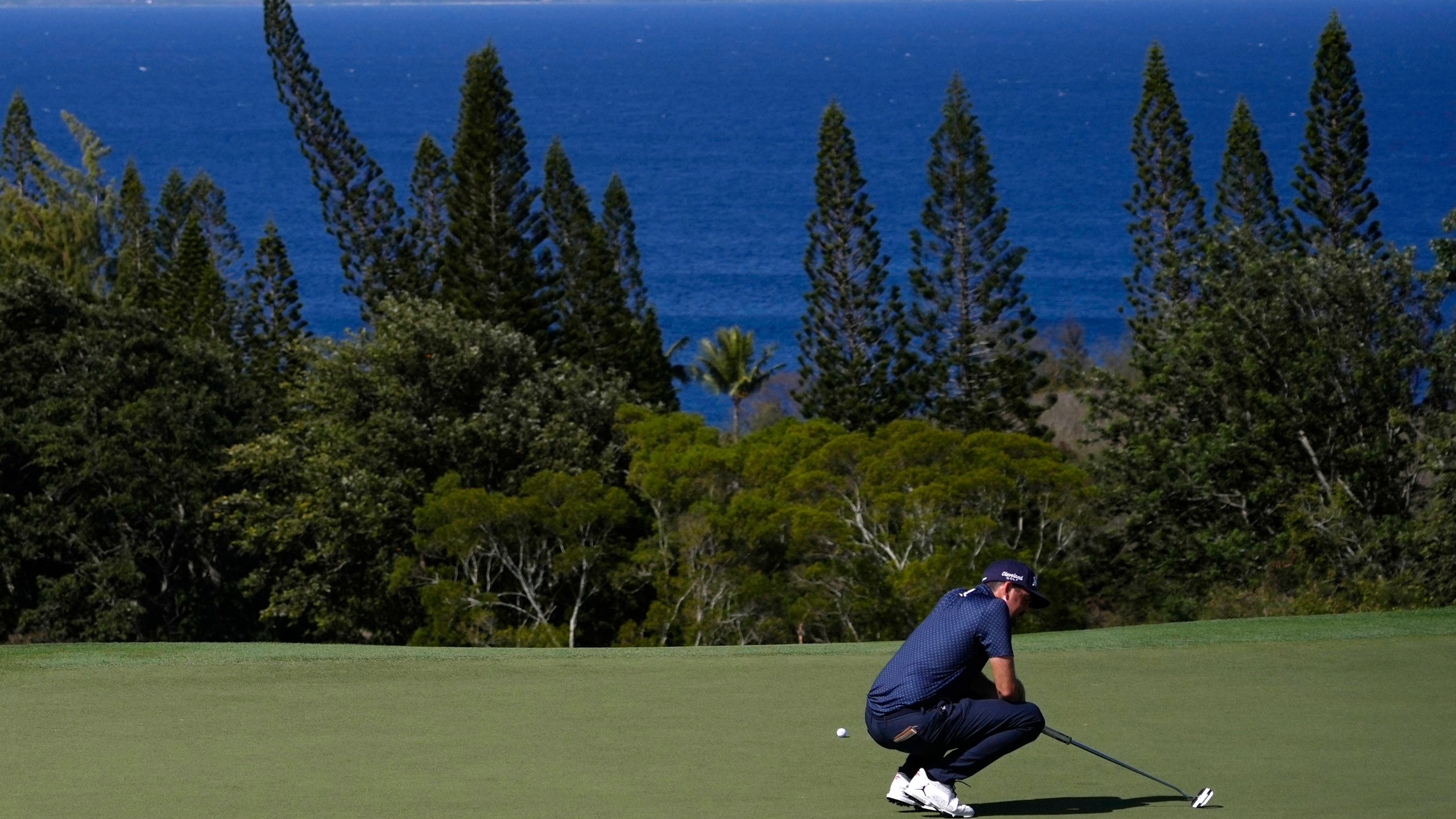 Keegan Bradley reacts to missing a putt at the 13th green during the second round of The Sentry golf event, Friday, Jan. 3, 2025, at the Kapalua Plantation Course in Kapalua, Hawaii. (AP Photo/Matt York)