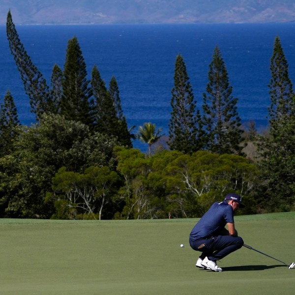 Keegan Bradley reacts to missing a putt at the 13th green during the second round of The Sentry golf event, Friday, Jan. 3, 2025, at the Kapalua Plantation Course in Kapalua, Hawaii. (AP Photo/Matt York)