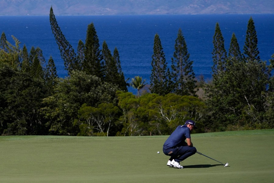 Keegan Bradley reacts to missing a putt at the 13th green during the second round of The Sentry golf event, Friday, Jan. 3, 2025, at the Kapalua Plantation Course in Kapalua, Hawaii. (AP Photo/Matt York)