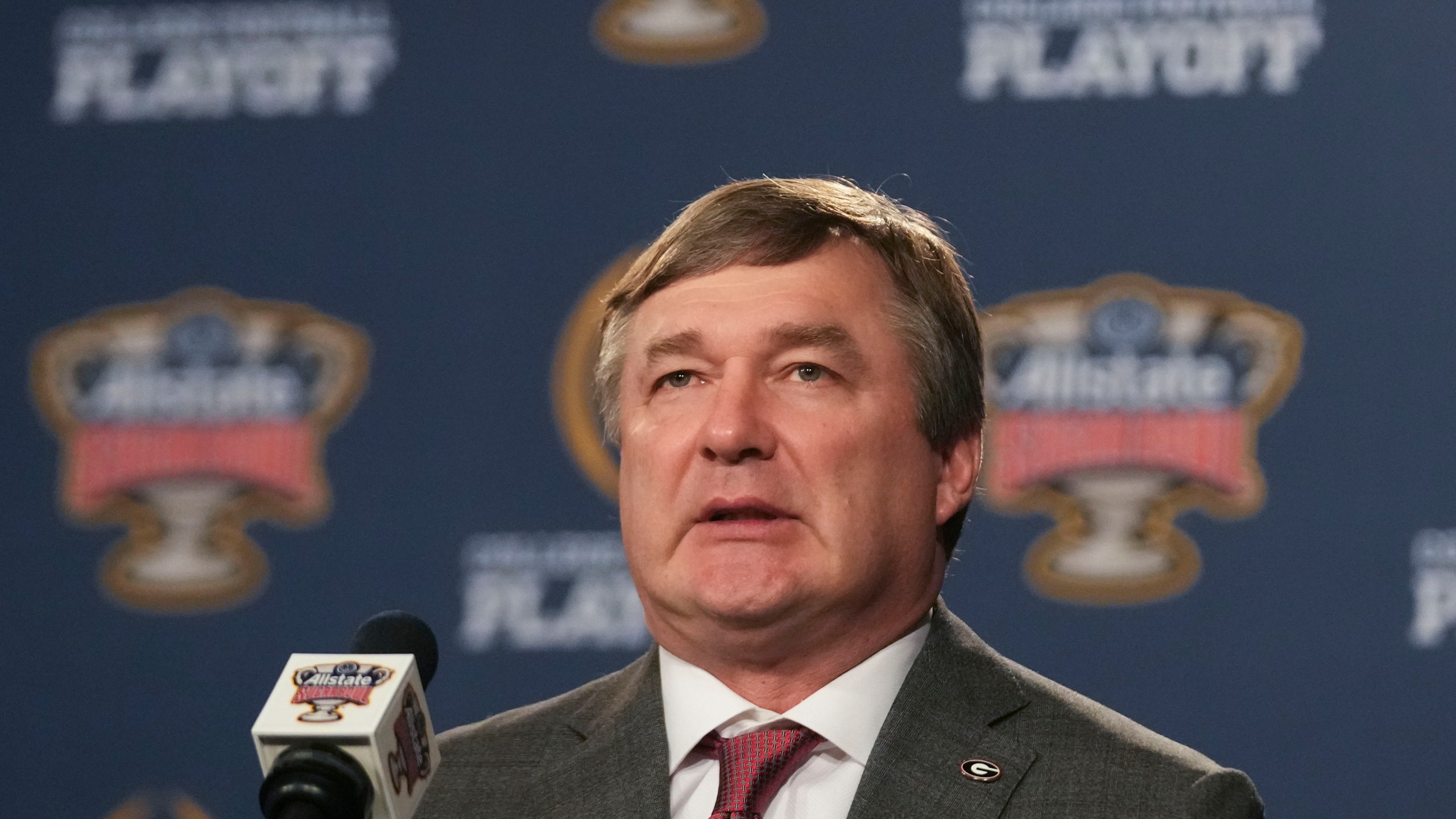 Georgia head coach Kirby Smart speaks to reporters in New Orleans, Tuesday, Dec. 31, 2024. Georgia will face Notre Dame in the Sugar Bowl NCAA college football CFP quarterfinal game on Jan. 1, 2025. (AP Photo/Gerald Herbert)