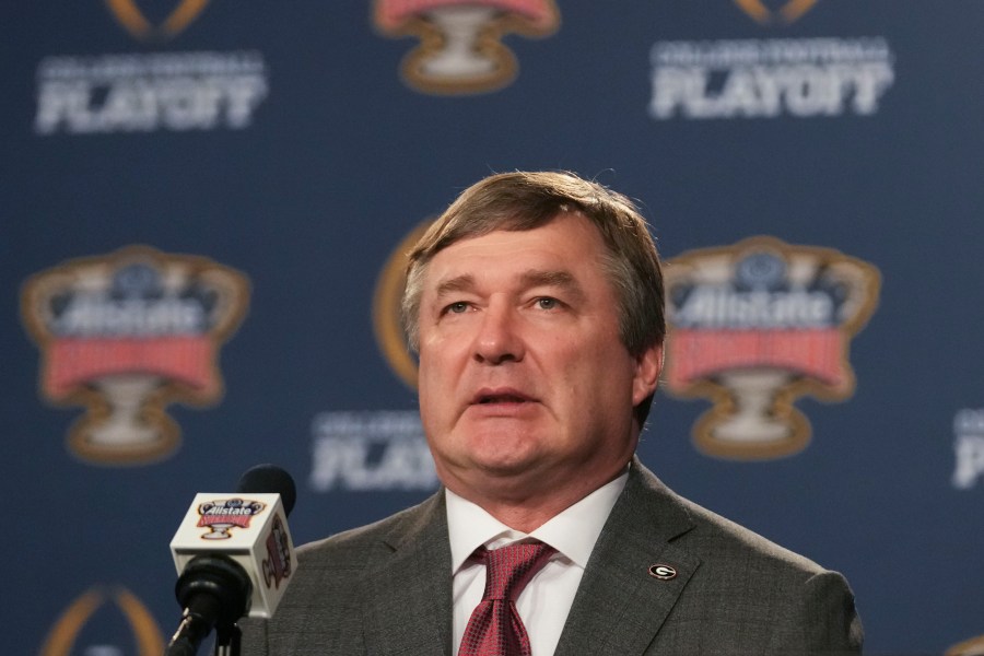 Georgia head coach Kirby Smart speaks to reporters in New Orleans, Tuesday, Dec. 31, 2024. Georgia will face Notre Dame in the Sugar Bowl NCAA college football CFP quarterfinal game on Jan. 1, 2025. (AP Photo/Gerald Herbert)