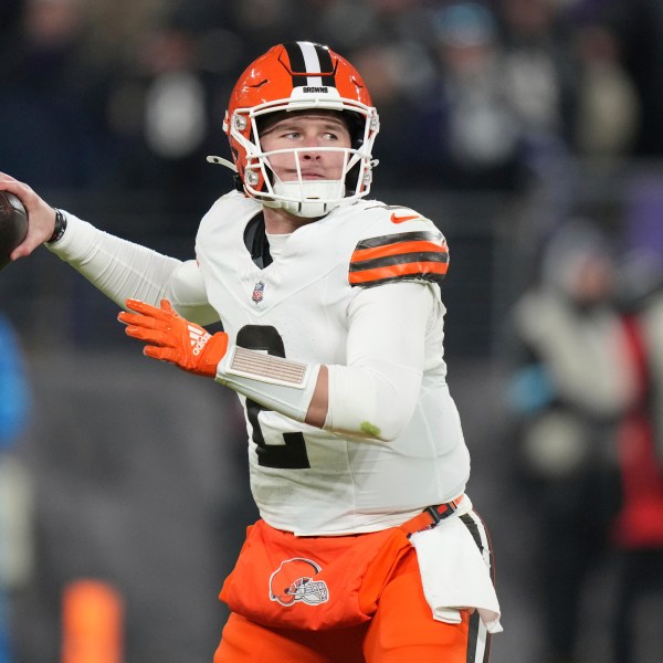 Cleveland Browns quarterback Bailey Zappe throws during the first half of an NFL football game against the Baltimore Ravens Saturday, Jan. 4, 2025, in Baltimore. (AP Photo/Stephanie Scarbrough)