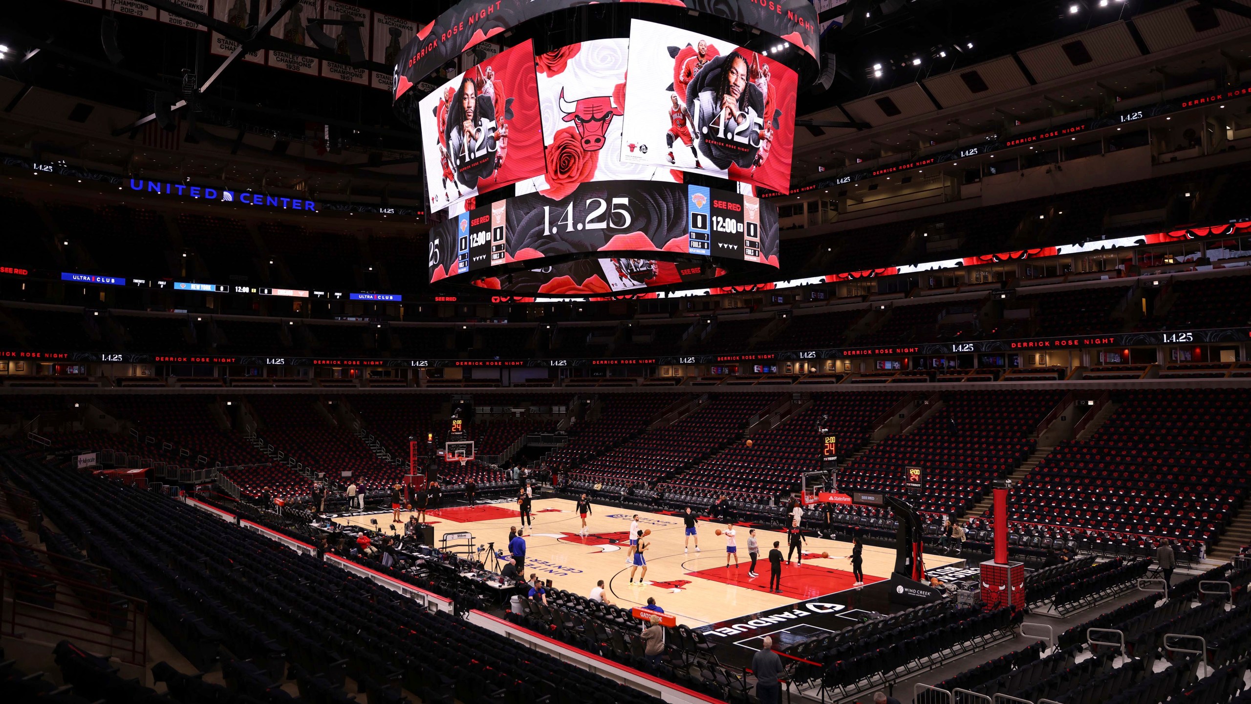 Players warm up on Derrick Rose Night before an NBA basketball game between the New York Knicks and the Chicago Bulls, Saturday, Jan. 4, 2025, in Chicago. (AP Photo/Melissa Tamez)