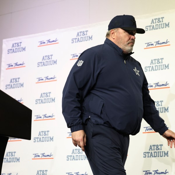 Dallas Cowboys head coach Mike McCarthy talks to reporters following an NFL football game against the Washington Commanders, Sunday, Jan. 5, 2025, in Arlington, Texas. The Commanders won 23-19. (AP Photo/Gareth Patterson)